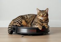 Tabby cat resting on robotic vacuum cleaner with alert expression, isolated on white background for pet care and smart home technology concepts.
