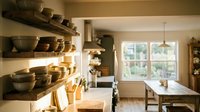 Modern farmhouse kitchen with open shelving displaying ceramic bowls and kitchenware, bright windows, and neutral tones. Suitable for home decor, interior design, and lifestyle publications.