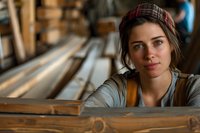 Young Caucasian female carpenter in workshop wearing plaid cap and overalls, looking confidently at camera while working with wooden materials in natural lighting.