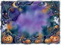 Watercolor Halloween frame with pumpkins, ghosts, black cats, bats, and spiderwebs on a moody purple night sky background.