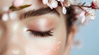 Young woman with closed eyes and cherry blossom flowers in hair for spring skincare and natural beauty treatments.