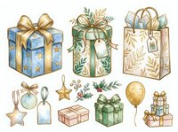 Watercolor holiday gift boxes and festive present elements with gold ribbons, bows, and decorative tags isolated on white background. Suitable for greeting cards, wrapping paper design, and seasonal marketing materials.