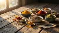 Colorful spices and herbs in ceramic bowls arranged on rustic wooden table with warm sunlight streaming through window creating cozy kitchen atmosphere.