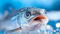 Fresh caught salmon macro shot showing detailed scales, bright blue eyes and open mouth against blurred aqua background with water droplets and bokeh effects.
