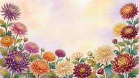 Colorful chrysanthemum flowers frame with watercolor blooms in autumn colors creating decorative border on soft gradient background for seasonal designs.