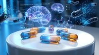 Medical capsules on futuristic platform with digital brain hologram and molecular structures for pharmaceutical research and neuroscience innovation.