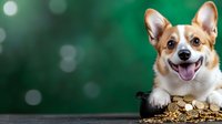 Happy Pembroke Welsh Corgi dog lying on pile of golden coins against green bokeh background, showing joyful expression and tongue out. Financial concept.