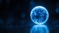 Glowing blue sphere with network pattern reflecting on dark surface creates futuristic atmosphere. Magical orb emits ethereal light against black background.
