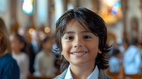 Young Hispanic boy with bright smile and dark wavy hair in casual attire, photographed in soft natural lighting with blurred church or cathedral interior background.