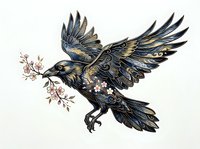Ornate black raven with golden metallic accents carrying delicate pink flowers, isolated on white background for design, clipart, and decorative applications.