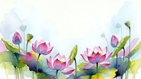 Watercolor lotus flowers and buds in pink and purple tones with green leaves on white background for spa, wellness and meditation designs.
