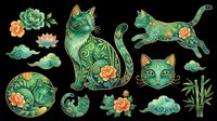 Green cat with floral patterns isolated on transparent background, ready for t-shirt design, clipart, stickers, sublimation, and print-on-demand projects.