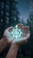 Cupped hands holding glowing spiral compass symbol with arrows pointing in four directions against blurred forest background for guidance concepts.