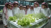 Group of Middle Eastern men in traditional white robes and red checkered headdresses examining hydroponic lettuce and herbs growing in modern agricultural facility.