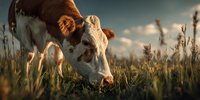 Brown and white cow grazing in tall grass meadow at sunset with dramatic sky background, showcasing sustainable farming and rural agriculture.