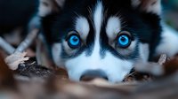 Siberian Husky with striking blue eyes peering through autumn leaves in close-up portrait, showing intense gaze and distinctive black and white facial markings.