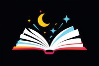 Magical open book with moon and stars floating above pages on black background, perfect for education, storytelling and reading concepts. Simple minimalist design for learning materials.