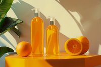 Orange cosmetic bottles with pump dispensers on yellow podium with fresh citrus fruits and tropical leaves, perfect for beauty product presentation.