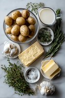 Fresh ingredients for creamy mashed potatoes with herbs on marble surface, including potatoes, butter, cream, garlic, rosemary, thyme, and salt.