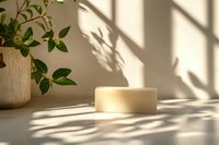 Minimalist cream-colored round podium with natural window shadows and green plant in ceramic pot, soft beige background for product display presentation.