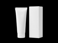 Blank white cosmetic tube and box packaging mockup, isolated on transparent background, ready for branding, print on demand, and product design use.
