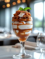 Layered caramel dessert in glass with whipped cream, crunchy granola topping and mint garnish. Drizzled caramel sauce creates elegant pattern against white cream.