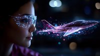 Young Asian woman in augmented reality glasses observing glowing digital airplane hologram with network connections and particle effects against dark background.
