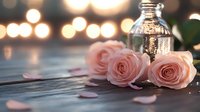 Pink roses and glass bottle on wooden surface with romantic bokeh lights and scattered petals creating dreamy atmosphere for wedding, valentines or special occasion.