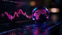 Glowing digital globe with world map floating over financial chart in purple and blue neon lights against dark background with stock market data visualization.