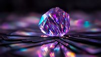 Sparkling crystal prism reflecting vibrant purple and turquoise light rays on dark reflective surface with geometric patterns, creating magical rainbow effects.