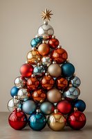 Christmas tree arrangement made from metallic baubles in red, turquoise, gold and silver, topped with golden star against neutral background. Perfect for holiday decor.