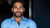 Confident South Asian man with beard wearing blue business shirt smiling at camera against dark background. Professional corporate headshot style portrait.