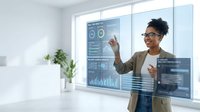 Young African American businesswoman analyzing digital data dashboard with charts and graphs on transparent screen in modern office environment.