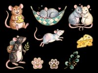 Cute mice collection with brown mouse holding cheese, gray mouse in hammock, two mice hugging, black mouse with backpack, running mouse, cheese wedge, paw prints, and eucalyptus leaves isolated on transparent background ready for t-shirts, stickers, clipart and sublimation designs.