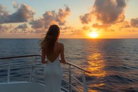 Young woman in white dress standing on cruise ship deck watching golden sunset over ocean horizon, her long dark hair flowing in breeze, romantic vacation moment.