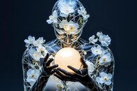 Ethereal translucent figure holding glowing orb adorned with delicate white orchids against dark background, creating mystical surreal artistic composition.