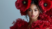 Young Asian woman with natural makeup surrounded by vibrant red poppies against blue background, romantic beauty portrait with soft lighting and delicate features.