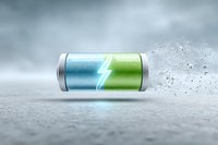 Glowing battery icon with lightning bolt symbol split in blue and green colors on concrete surface with dramatic atmosphere and particle effects.