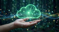 Hand holding glowing green digital cloud with binary code and flowing data streams against dark tech background for computing concepts.