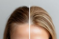 Before and after hair treatment comparison showing half of woman's head with blonde hair, demonstrating color correction and smoothing results on neutral background.