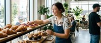 Female baker with dark hair and Mediterranean ethnicity, wearing blue apron and white shirt, arranging fresh baked goods on display shelf in modern bakery cafe with customers and plants.