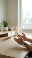 Hands interacting with holographic interface displaying business icons and workflow symbols in modern office workspace with natural light and potted plant.