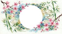 Watercolor floral frame with cherry blossoms, bamboo leaves and decorative swirls creating elegant border for spring designs and invitations.