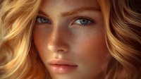 Young blonde woman with freckles and blue eyes in warm golden sunlight. Natural beauty portrait with soft lighting for skincare and cosmetics advertising.
