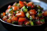 Fresh chopped tomato and cucumber salad with herbs and olive oil dressing served in dark ceramic bowl, macro food photography with selective focus.