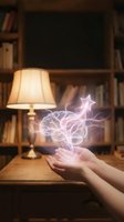 Hands holding glowing brain with star above wooden desk in cozy library setting with warm lamp light and bookshelves for creative thinking concepts.