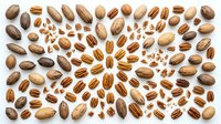 Mixed nuts collection featuring whole and shelled pecans, walnuts and various tree nuts arranged on white background for healthy snacking and cooking.
