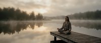 Young woman practicing meditation on wooden dock at misty lake during peaceful sunrise, perfect for wellness and mindfulness content.