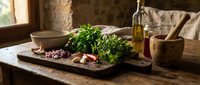 Rustic wooden cutting board with fresh herbs, garlic and spices in traditional kitchen setting. Natural cooking ingredients for culinary preparation.