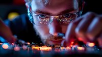 Young bearded man in glasses working at night with glowing electronic circuit board, focused on detailed technical inspection with red and blue lighting effects.
